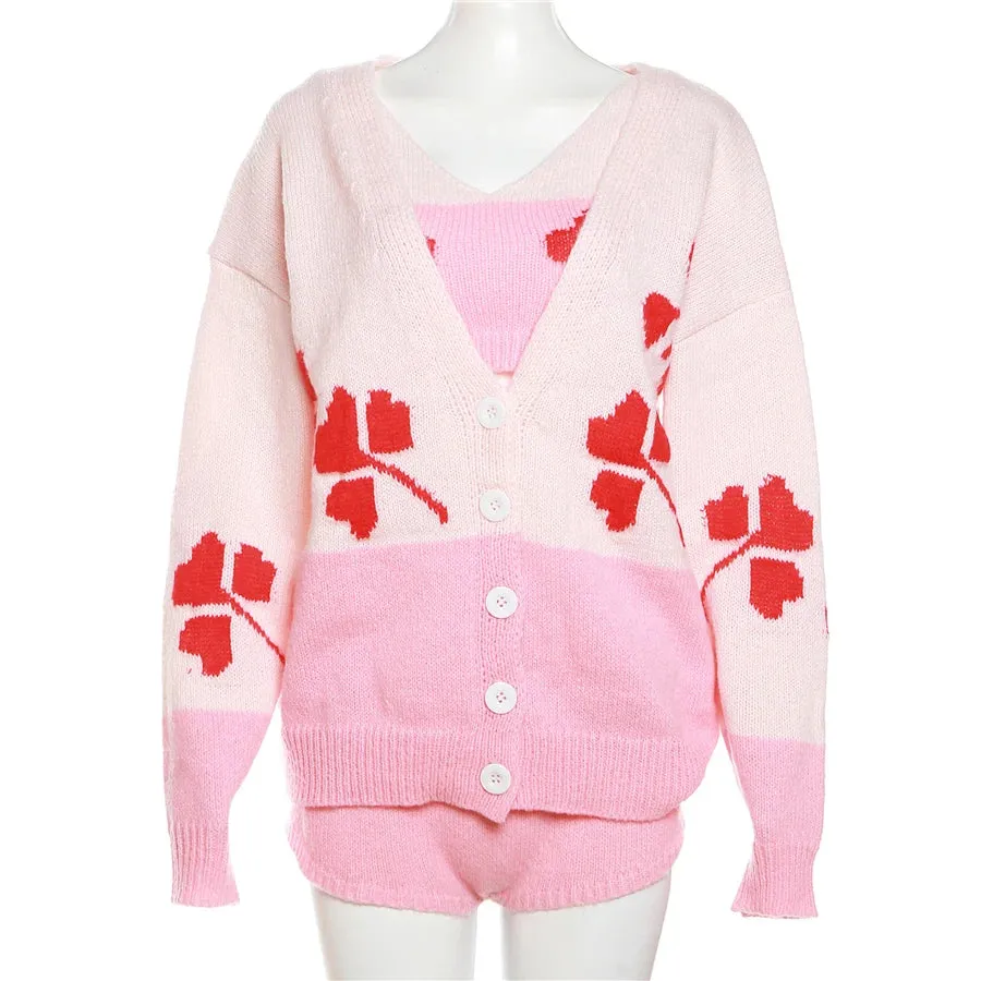 Autumn Cardigan Women's Sets Knitted Tops+Shorts+Cardigan 3 Piece Sets Sweater Outfits