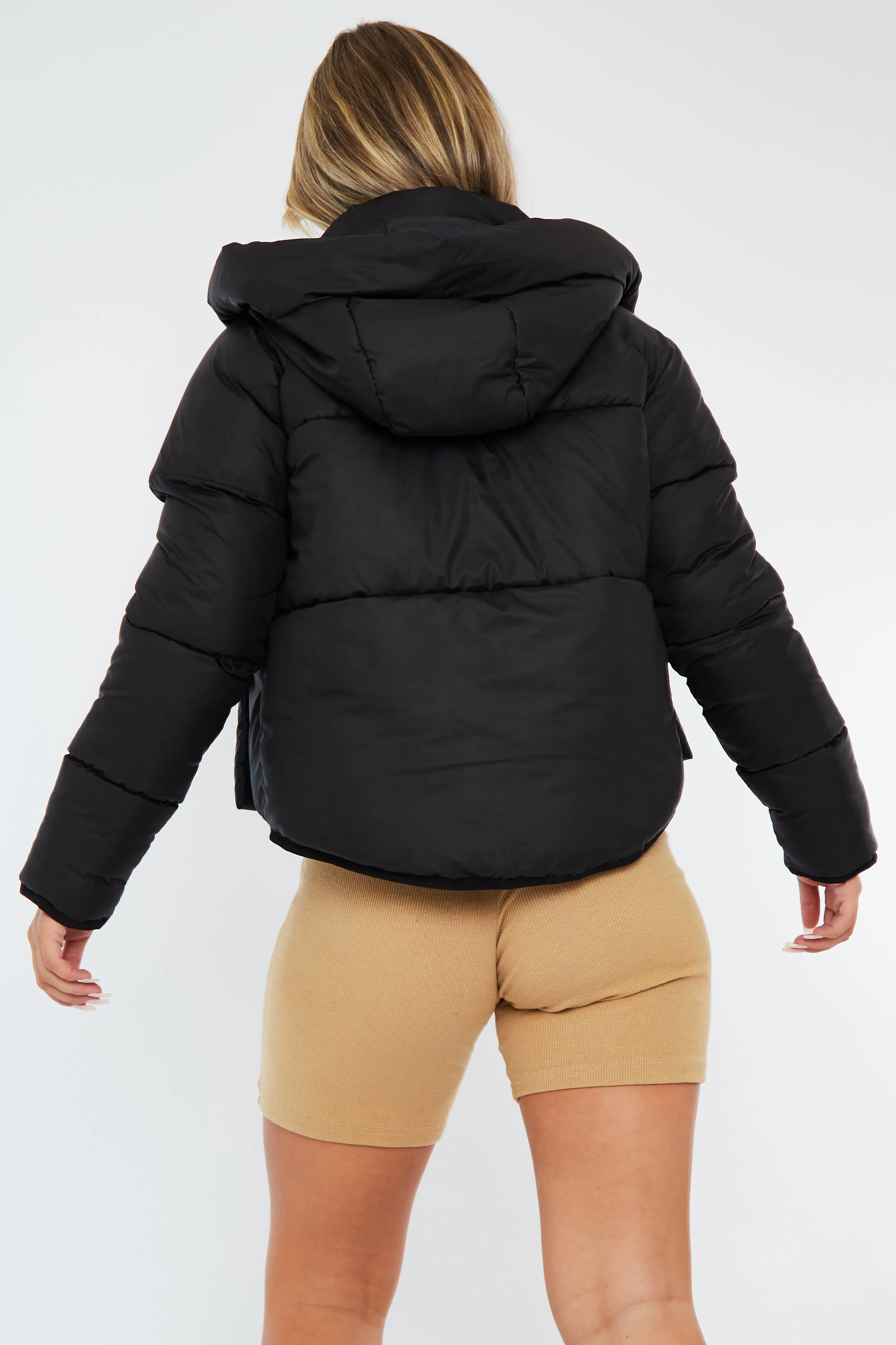 Black Dropped Hem Front Pocket Puffer Jacket - Amelia