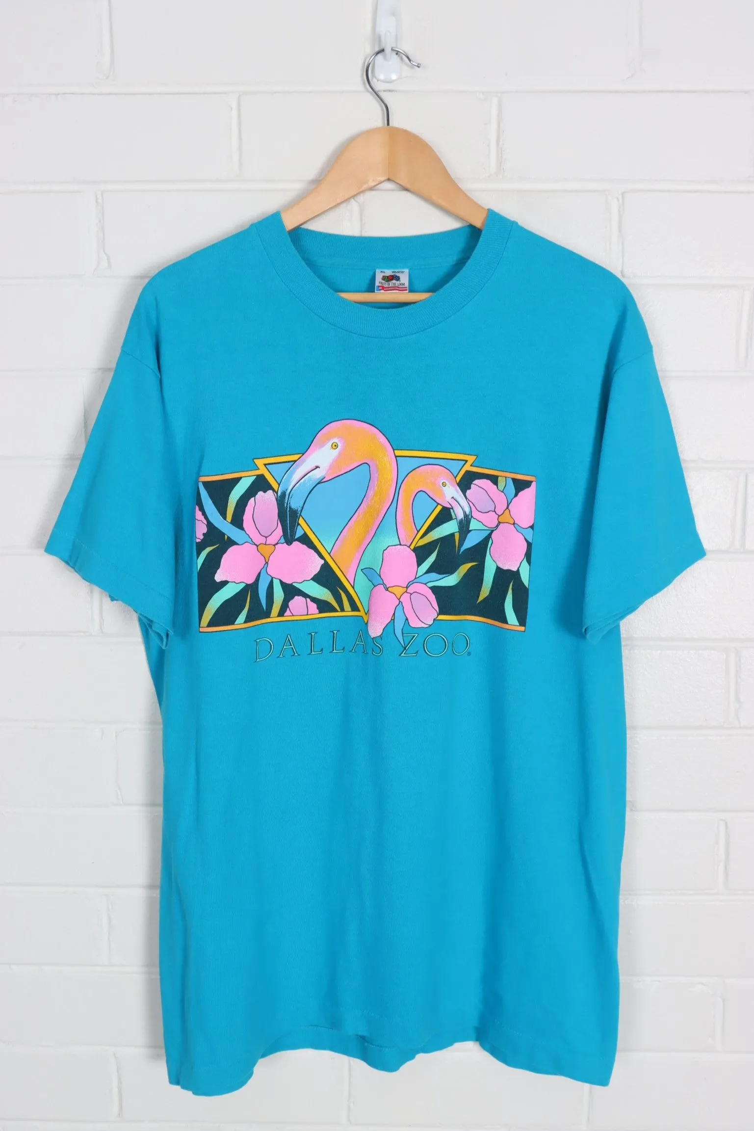 Blue Dallas Zoo Flamingos & Flowers Bright Colour Art Destination Tee (L)