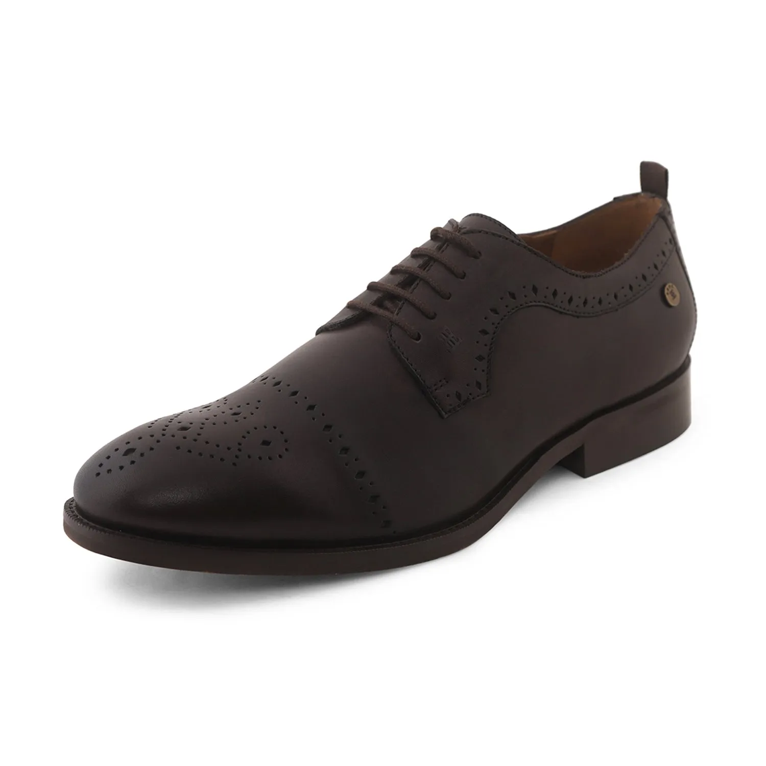 Ezok Men Brown Burnish Finish Perforated Leather Derby Shoes