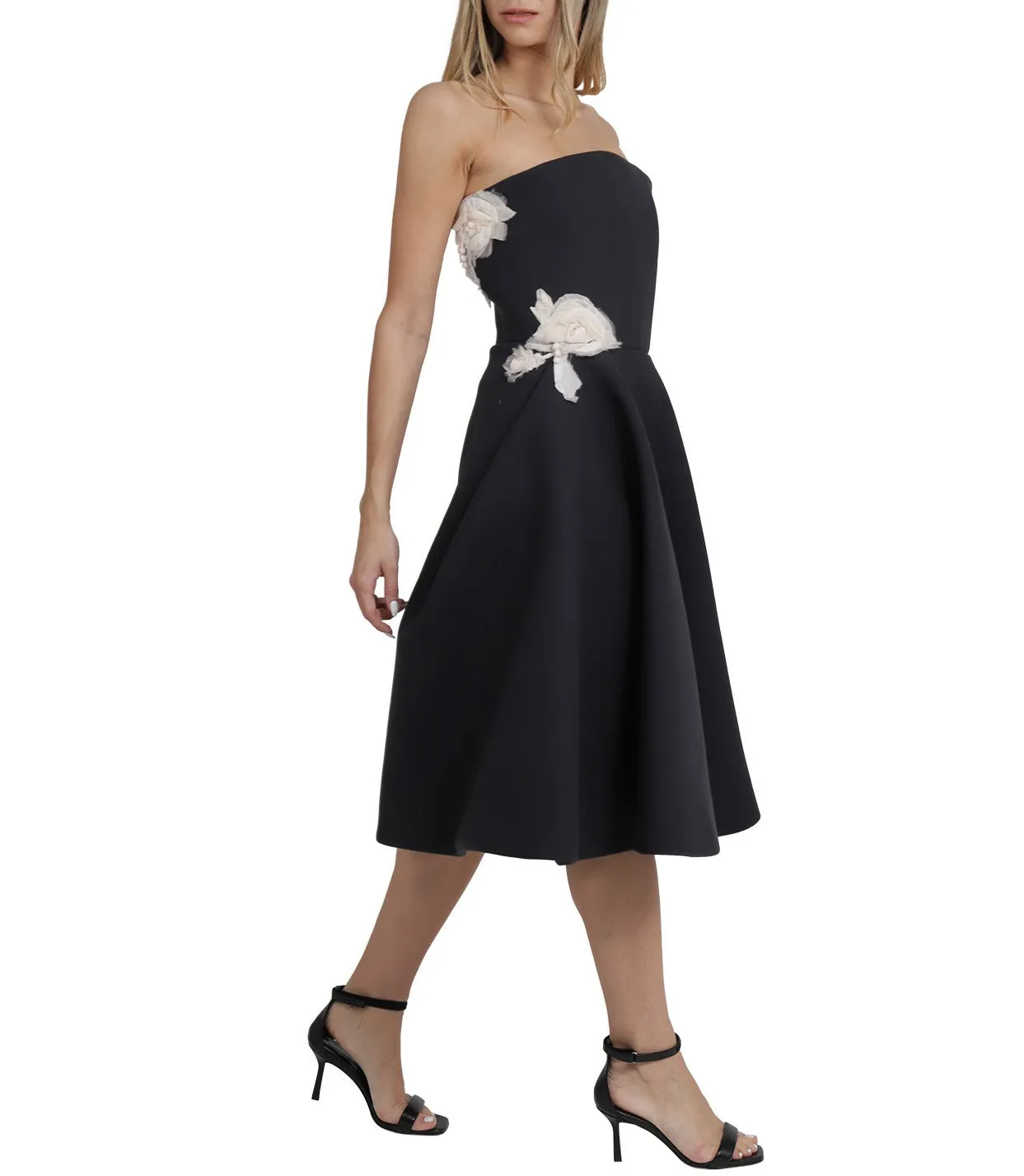 Lanvin Floral-Appliqué Strapless Midi Dress