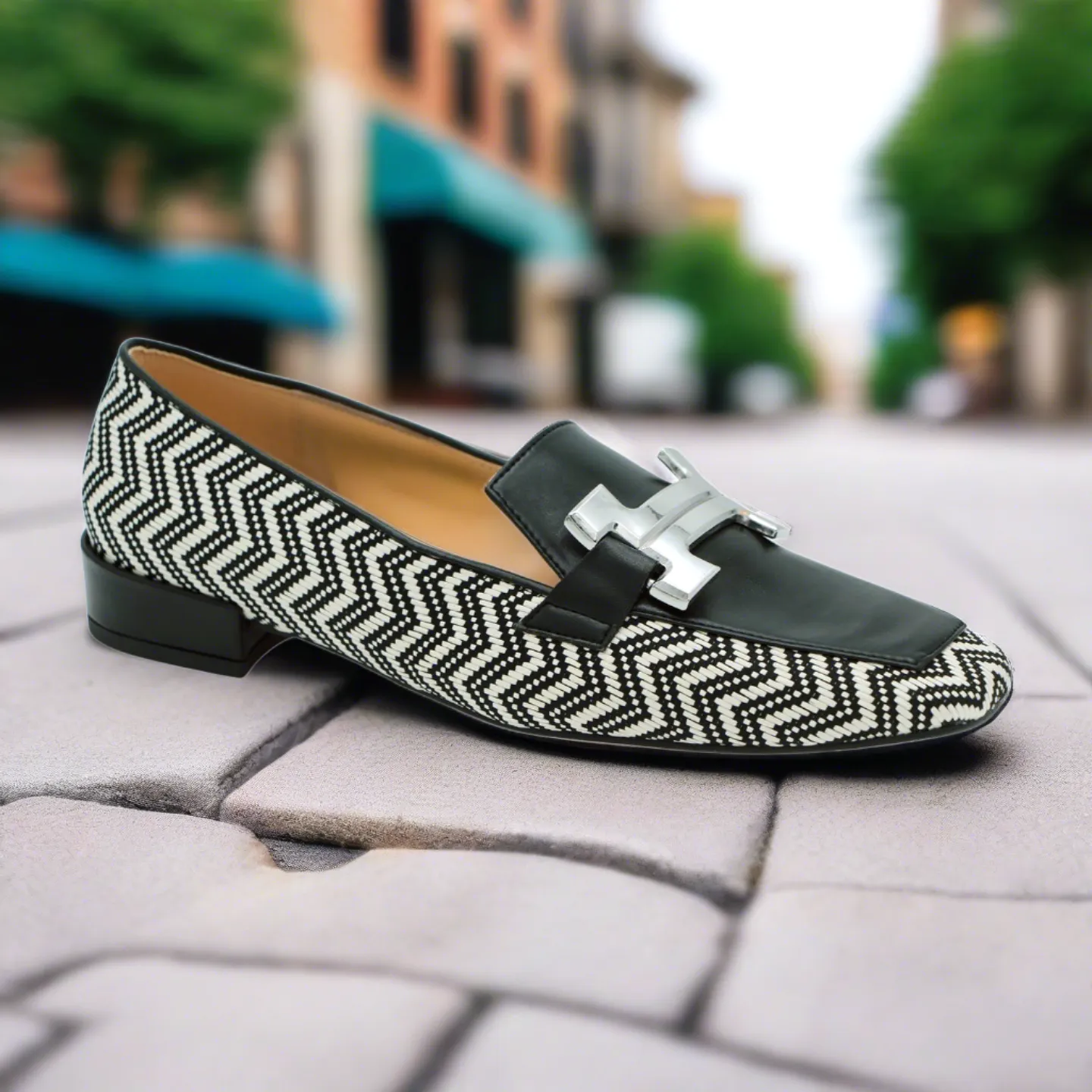 MARIAN Black & White print  loafer with buckle detail