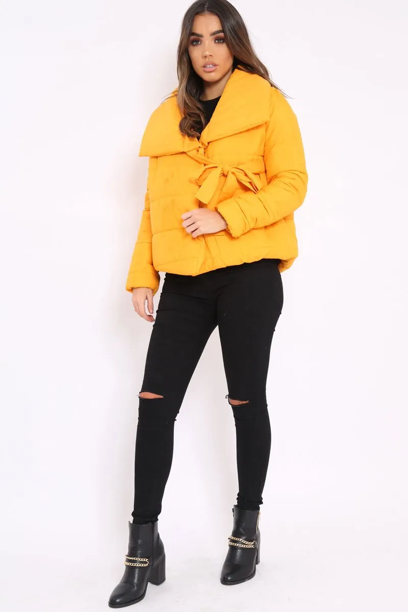 Mustard Puffer Jacket with Tie Front - Lolamae