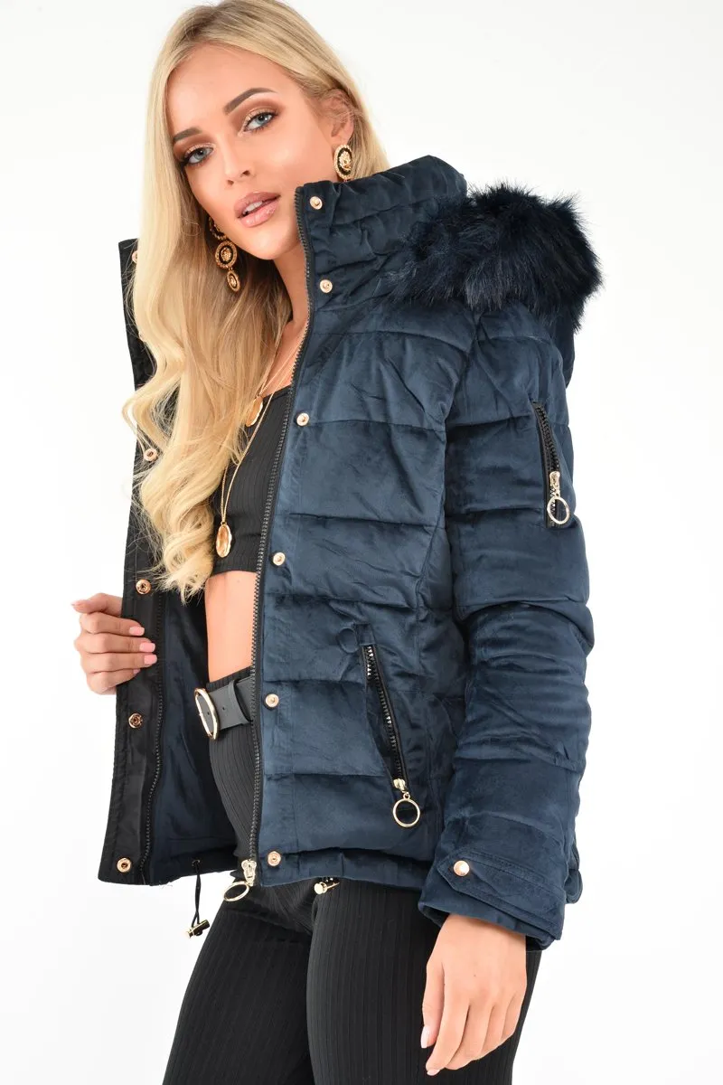 Navy Velour Fur Hood Puffer Jacket - Eastlynn