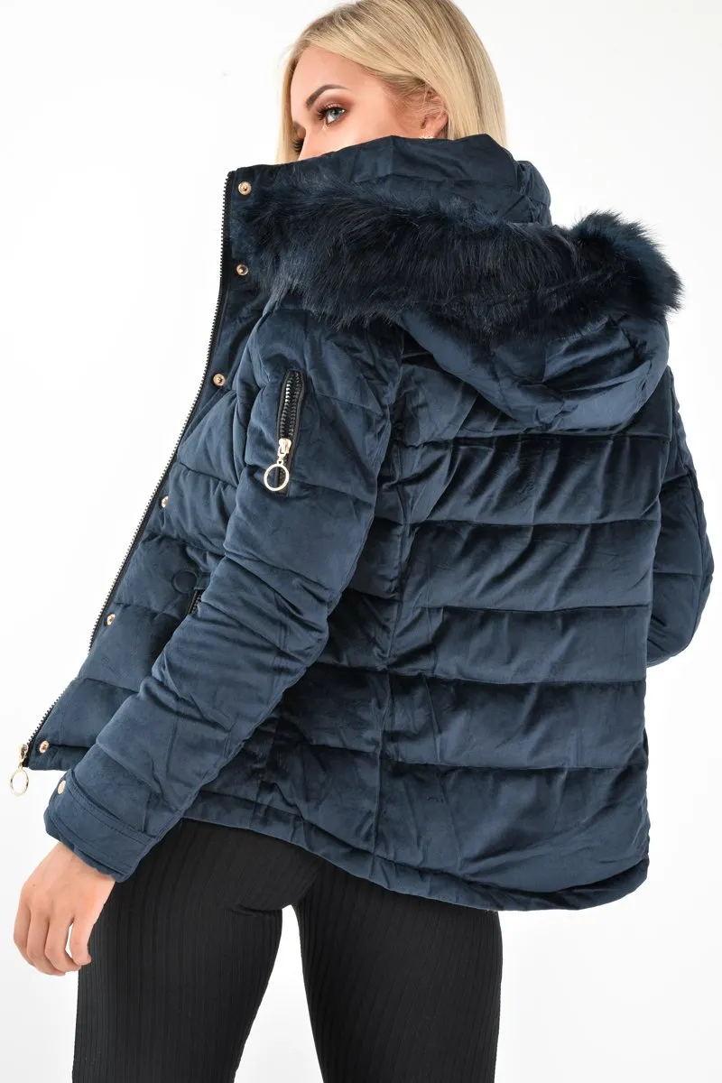 Navy Velour Fur Hood Puffer Jacket - Eastlynn