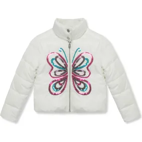 Peek Kids Sequin Butterfly High Collar Zip-Up Puffer Jacket, White