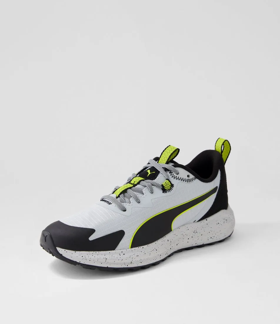 PUMA Twitch Runner Trail Platinum Gray Black Olive Oil Mesh Sneakers