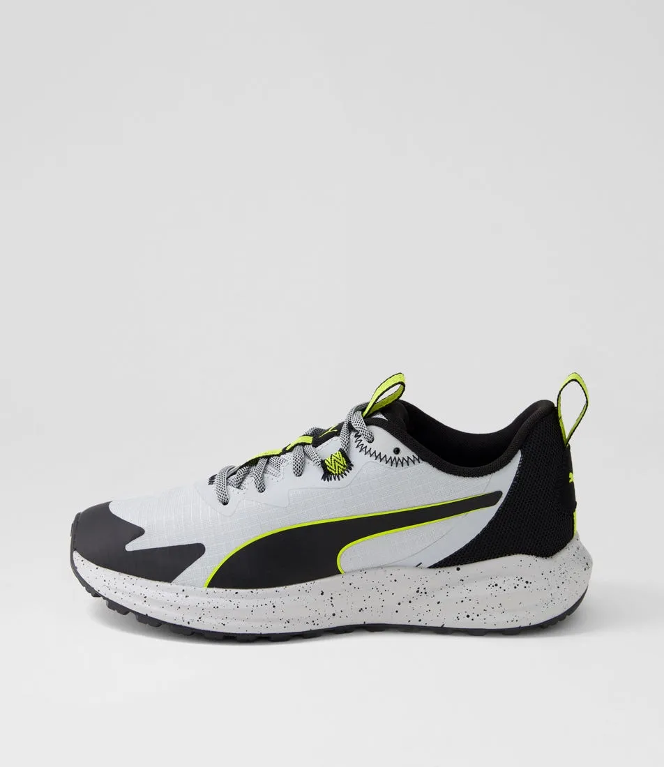 PUMA Twitch Runner Trail Platinum Gray Black Olive Oil Mesh Sneakers