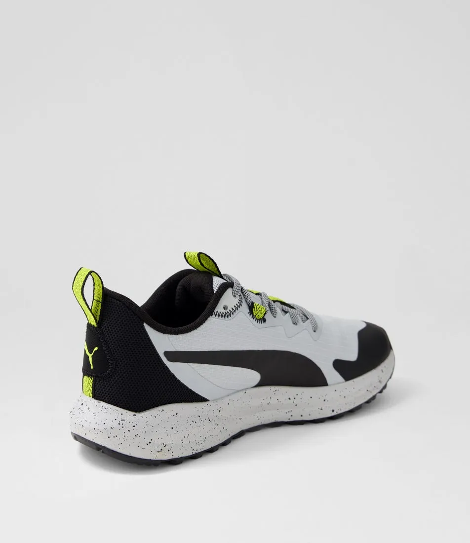 PUMA Twitch Runner Trail Platinum Gray Black Olive Oil Mesh Sneakers