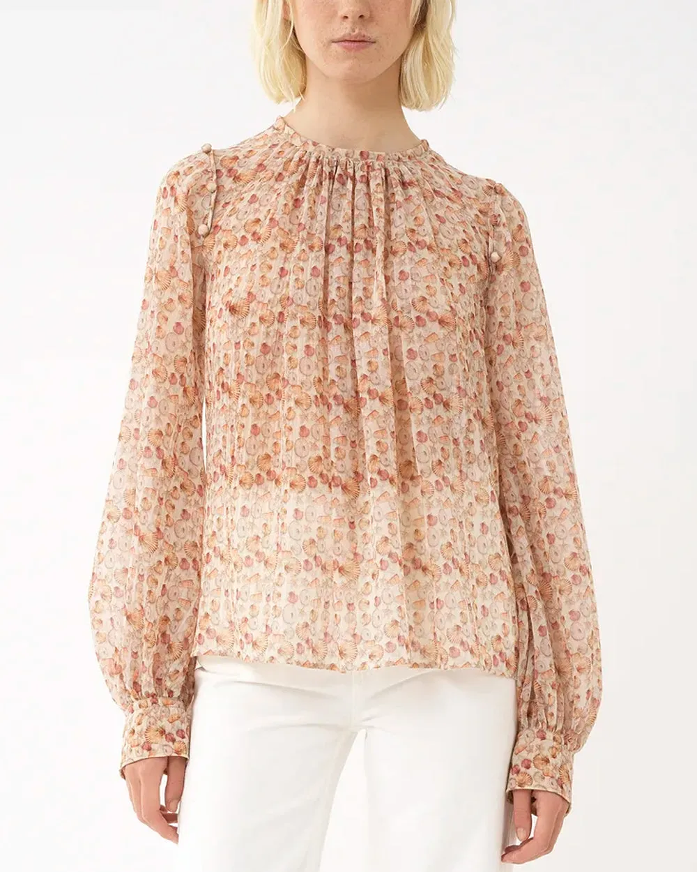 Seashell Print Long Sleeve Ruffle Blouse