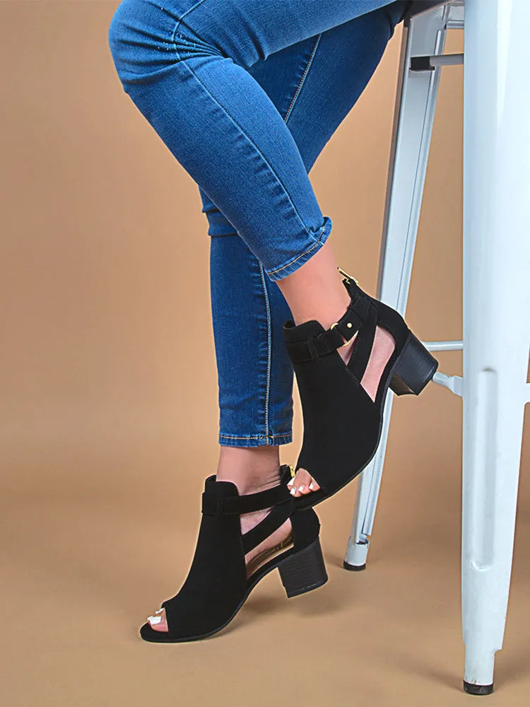 Strappy Cutout Peep Toe Chunky Heeled Boots