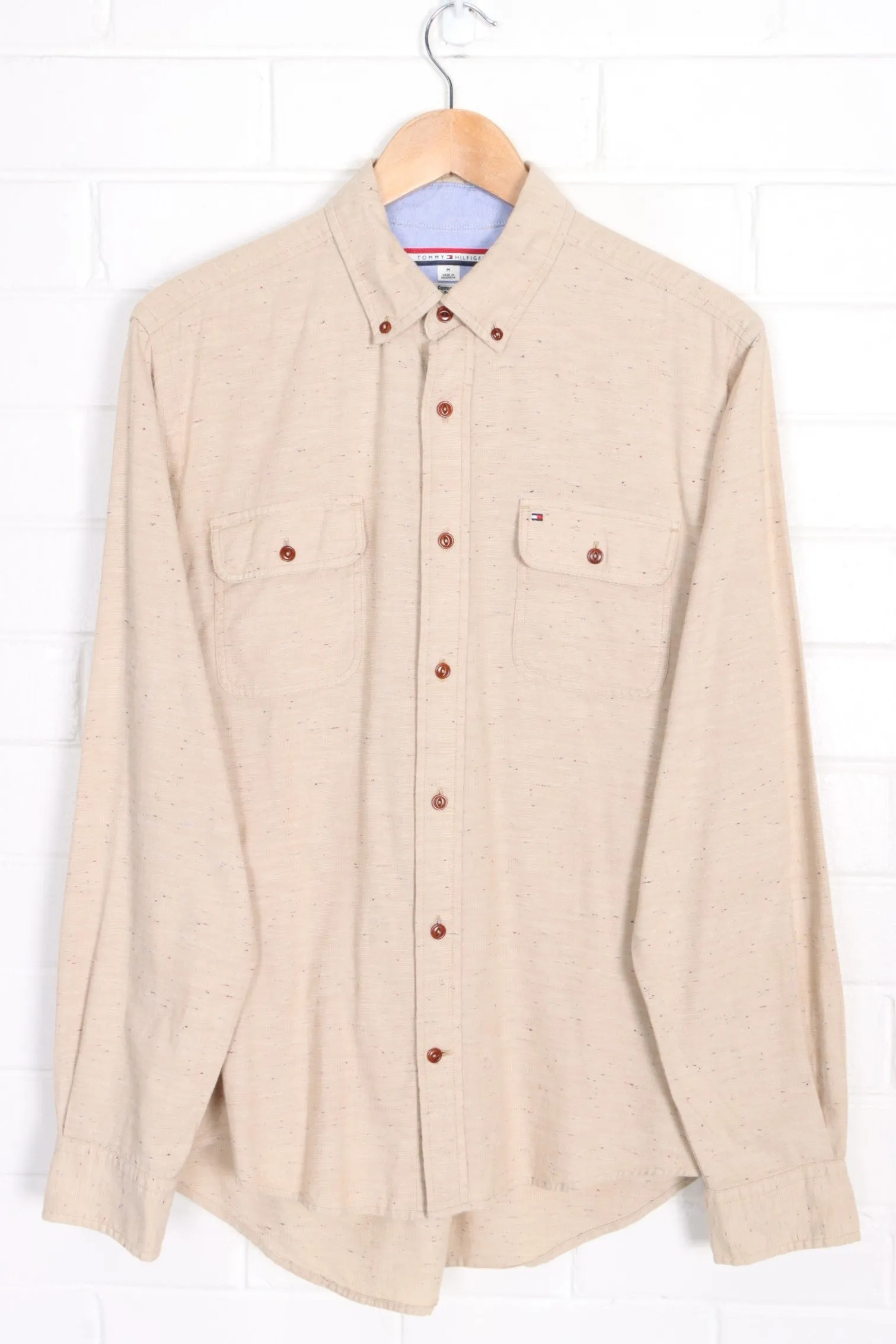 TOMMY HILGIFER TAN SPECKLED BUTTON UP UTILITY SHIRT (