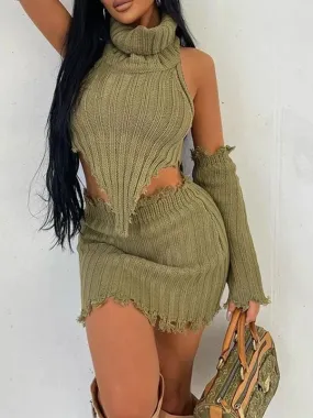 Unconventional Sweater Sets Women's Sets Long Sleeve Sexy Knitted Top+ Skirt Set 3 piece sets