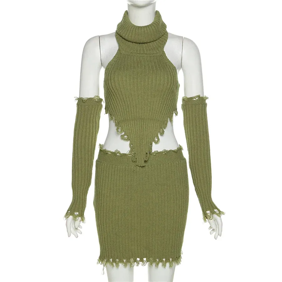 Unconventional Sweater Sets Women's Sets Long Sleeve Sexy Knitted Top+ Skirt Set 3 piece sets