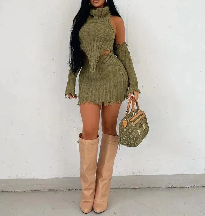 Unconventional Sweater Sets Women's Sets Long Sleeve Sexy Knitted Top+ Skirt Set 3 piece sets