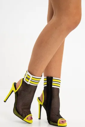 Yellow Fishnet Mesh White Square Buckle Stiletto Boots - Hanaa